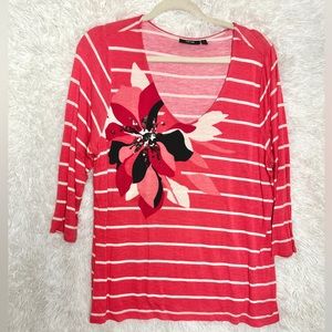 Apt. 9 Coral 3/4 Sleeves Striped Shirt sequins floral size XL